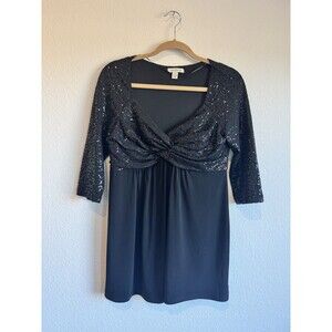 Boston Proper Women's Black Sequin Evening Blouse V Neck 3/4 Sleeve Flowy Medium